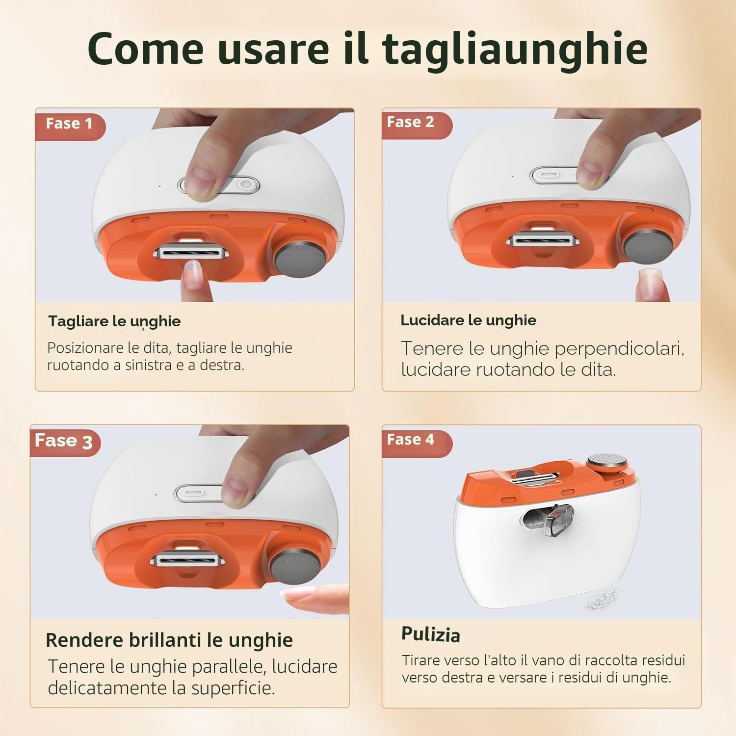 Tagliaunghie elettrico, 2 in 1, per unghie elettrico, ricaricabile tramite USB, con luce LED, adatto per neonati, bambini, adulti e anziani (arancione)