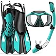 Snorkeling Gear for Adults Men Women, 3 in 1 Snorkel Set with Panoramic View Diving Mask Anti-Fog Anti-Leak, Snorkel Mask Dry Top Snorkel Fins for Swimming, Snorkeling and Travel Diving