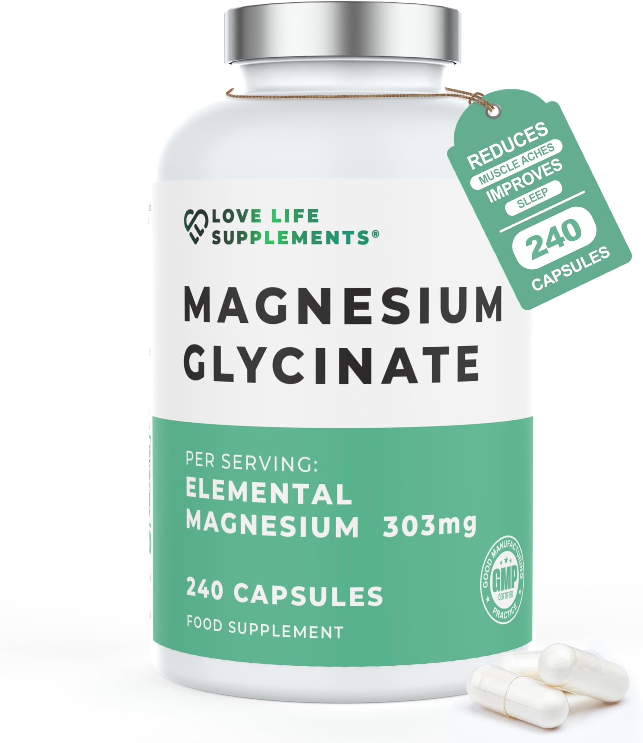 Magnesium Glycinate (Bisglycinate) | Chelated Magnesium Supplements | 2750mg (303mg Magnesium) | 240 Capsules / 60 Servings | Highly Bioavailable | Made in UK - GMP Certified | Love Life Supplements