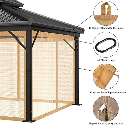 Miniatura 6 de Mosquitera universal de repuesto para kiosco de 10 x 12 pies, 4 paneles con cremalleras dobles para patio (solo mosquitera)