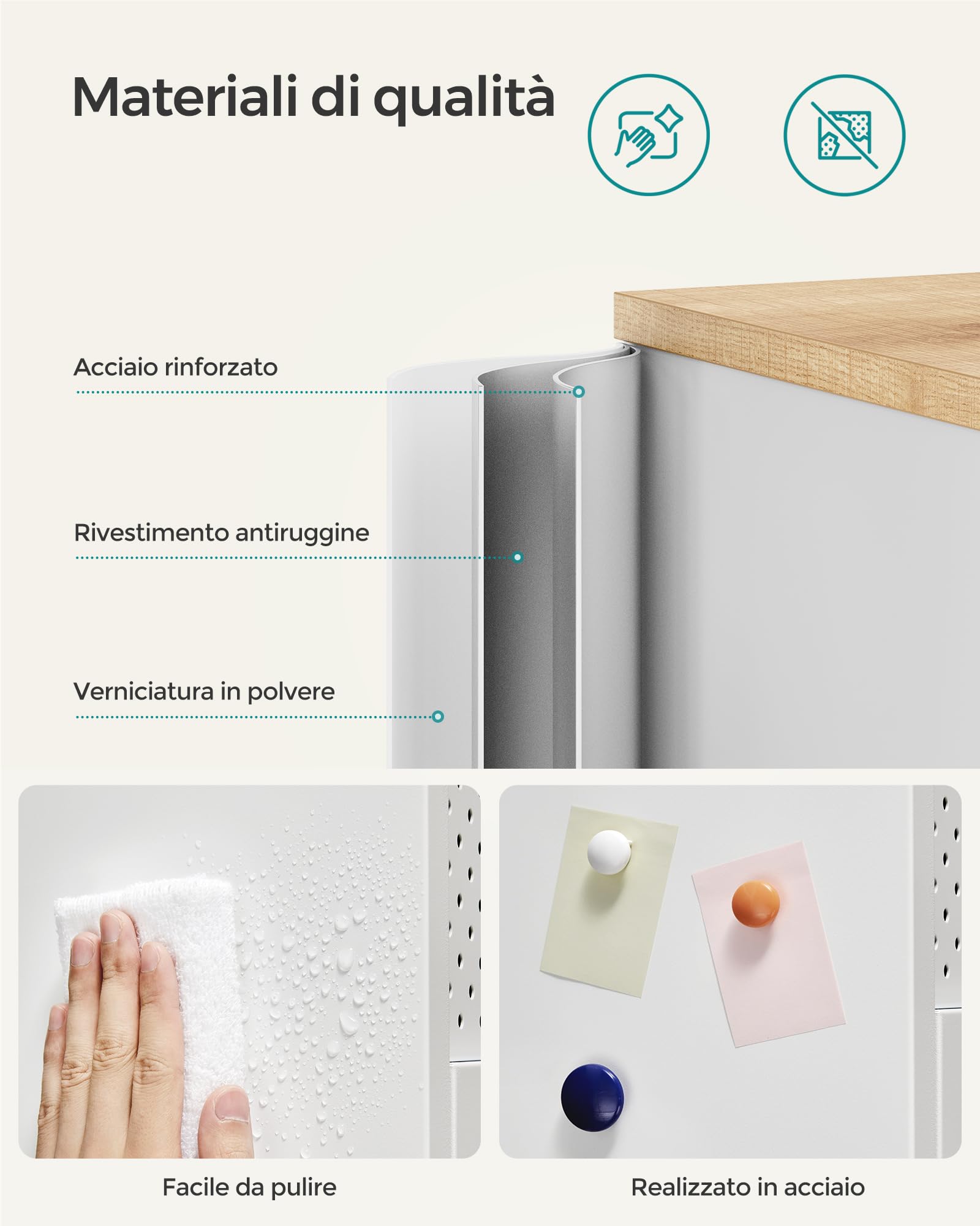SONGMICS Mobile, Organizzatore, Armadio in Metallo, con Doppia Anta, Chiusura Magnetica, Ripiani Regolabili, Struttura in Acciaio, 40 x 80 x 76 cm, Beige Naturale e Bianco LSC102W57