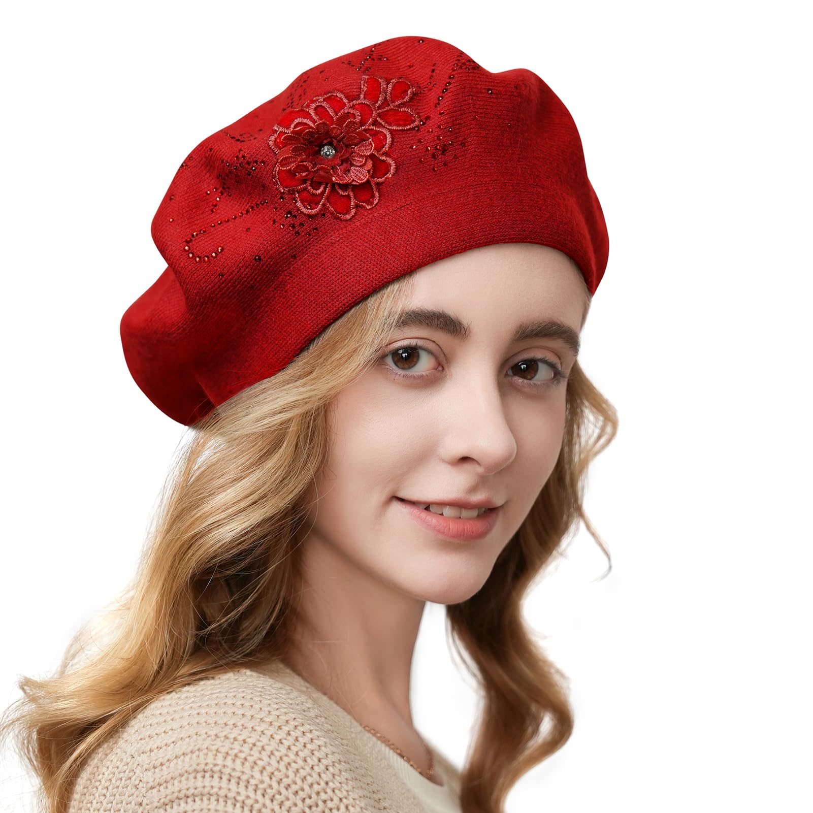 Flower Embroidery Beret Hat for Women, French Style Knitted Beret Hats, Stylish Solid Color Beret Cap for Women Girls Lady