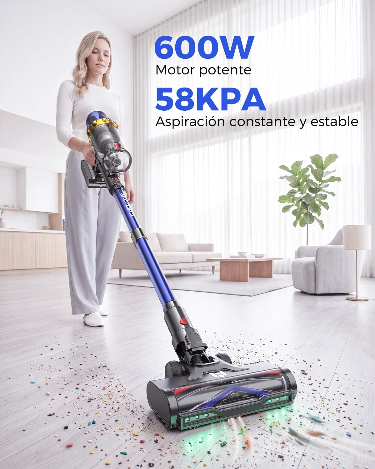 aonus Aspiradora sin Cable 60KPa/650W/80Min, Aspirador Escoba Potente, Azul