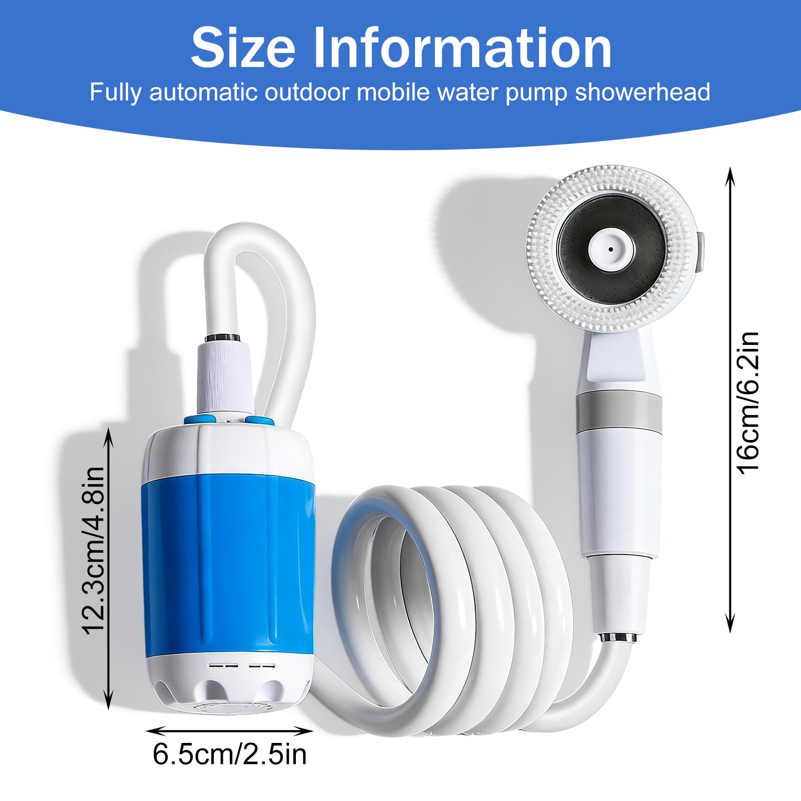 Douche de camping portable avec pompe rechargeable, douche de camping avec pompe, pommeau et tuyau de 2 m, jet haute pression, douches mobiles de plein air, douches extérieures pour lavage de voiture