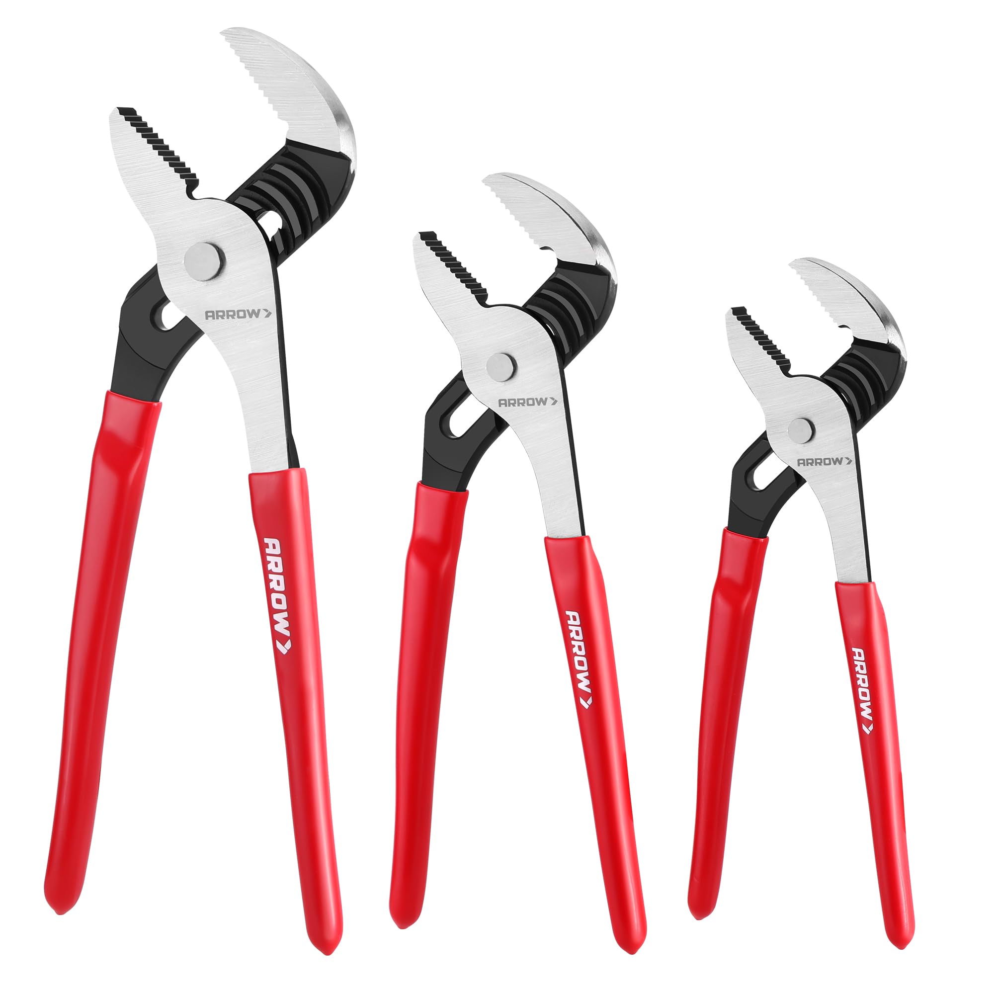 ARROW 3-Piece Groove Joint Pliers Set, Adjustable Water Pump Pliers Set (8", 10", 12") with 5 & 7 Jaw Positions, Serrated Jaws and Comfort Dip-grip