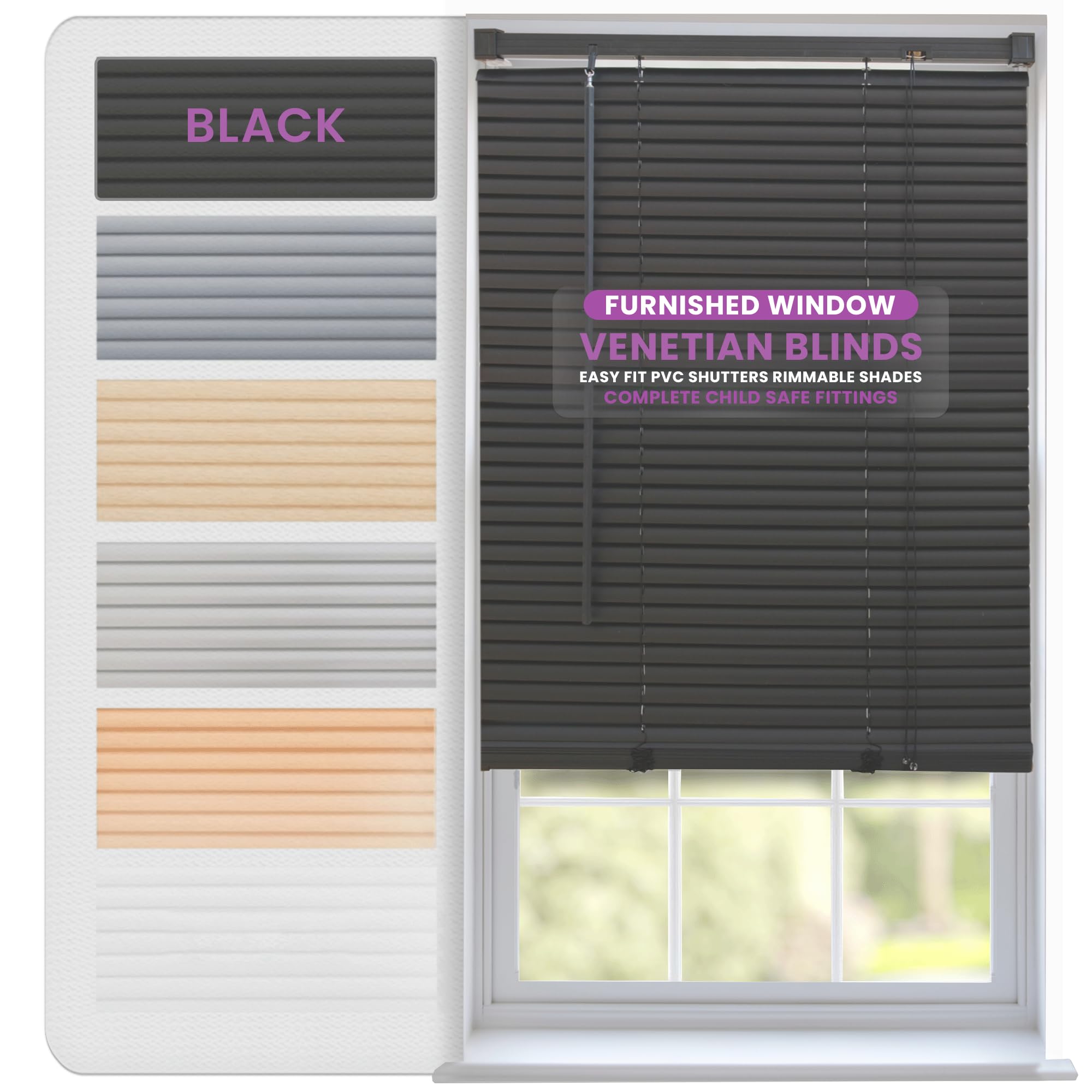 FURNISHED Venetian Blinds Window Venetian Blind Easy Fit PVC Shutters Trimmable Shades for Home Kitchen Windows Treatment Shutters 25mm Slats Complete Child Safe Fittings - Black 195W x 150L cm