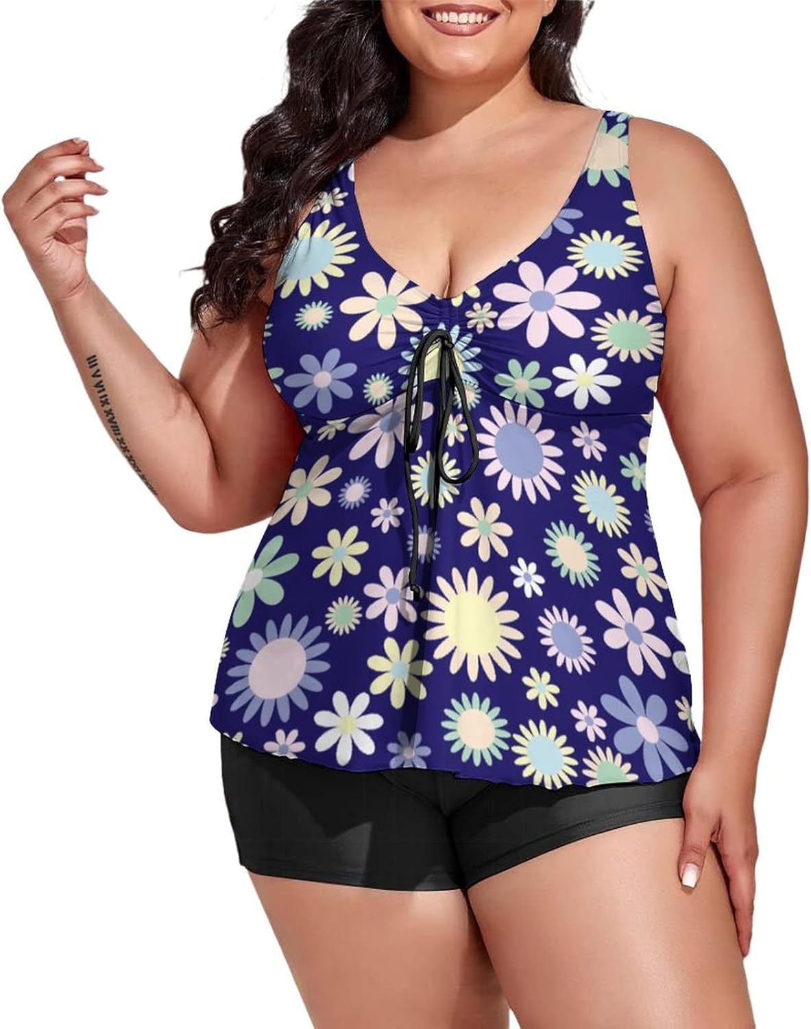 Womens Plus Size Tankini Swimsuit with Boyshort Blue Floral Flower Seamless Pattern Two Piece Bathing Suit Garden Wildflowers Swimwear Tummy Control