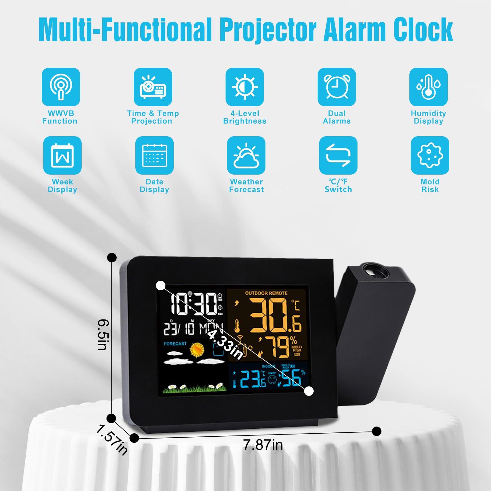 Zorpupoa Projection Alarm Clock, Atomic Projector Clocks, Dual Alarms Digital Projection Clock with Snooze Button Outdoor, Indoor/Outdoor Weather