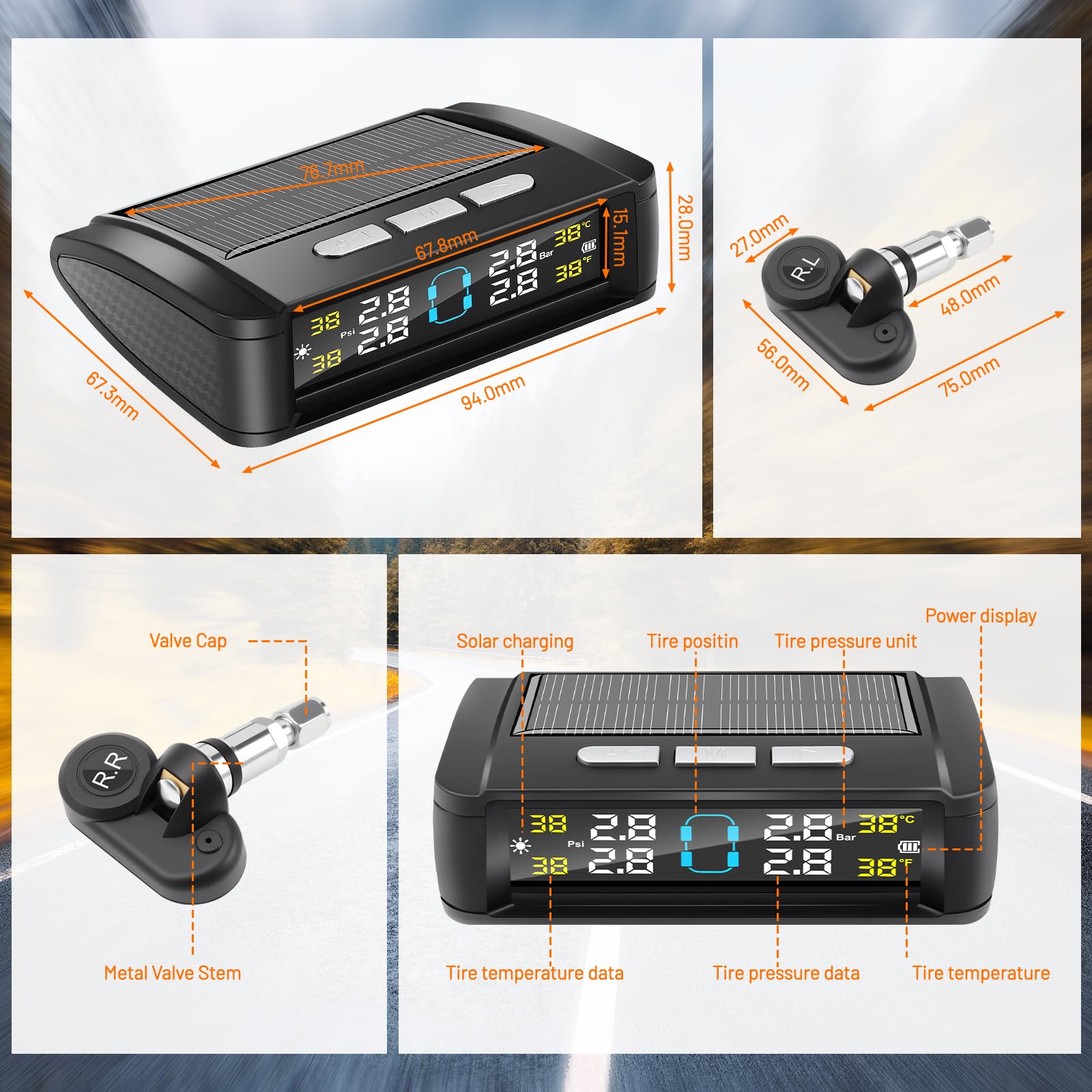 Sistema di monitoraggio della pressione dei pneumatici TPMS (0-6bar) con 4 sensori di pressione degli pneumatici integrati, 5 modalità di allarme (pressione di temperatura, ecc.), universale a