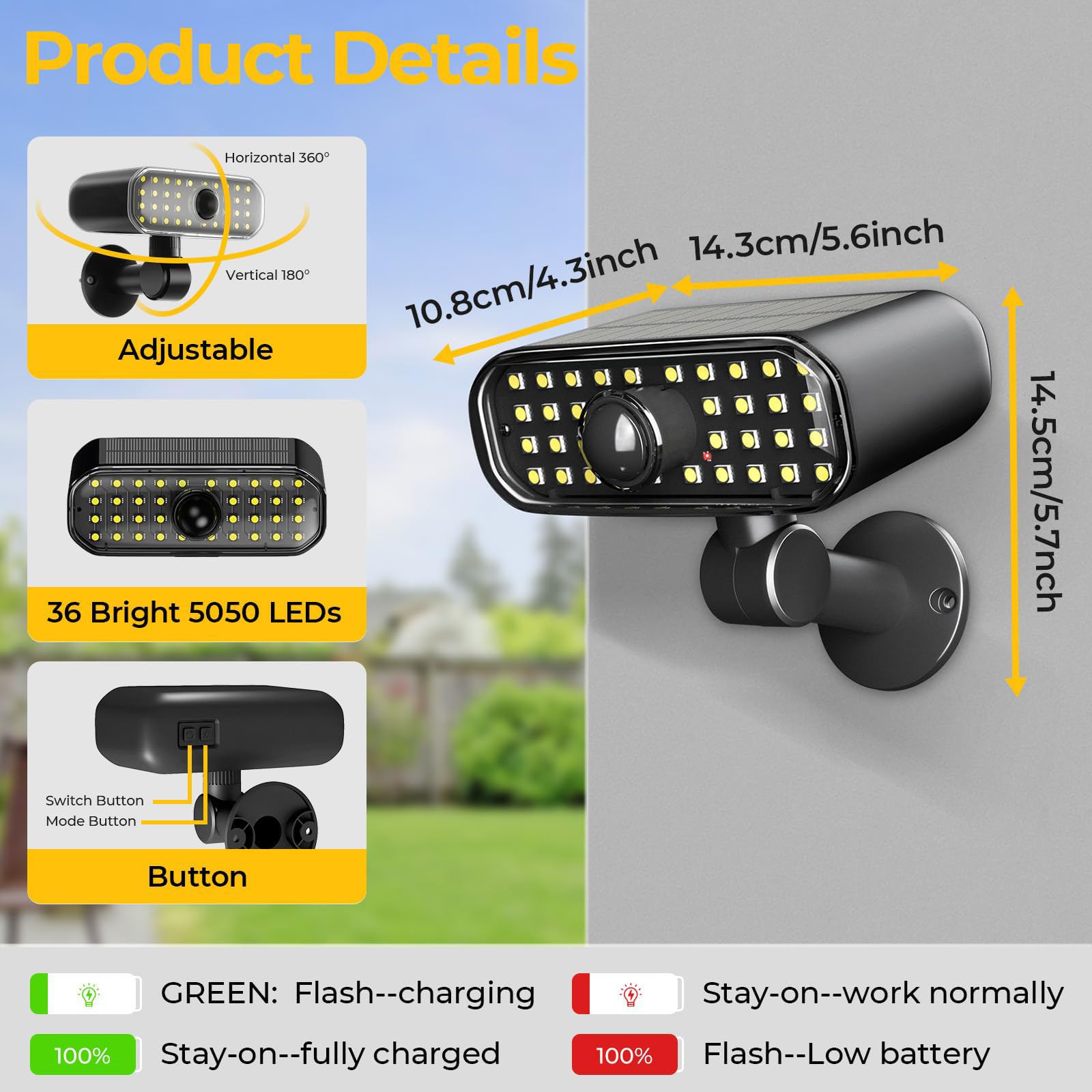 Solarleuchten für den Außenbereich, 3 Modi, Bewegungsmelder, Wandleuchten mit superhellen 5050 SMD-LEDs, 180° verstellbare Sicherheitsleuchten, für den Außenbereich, IP67, wasserdicht, für