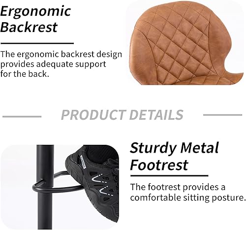 Miniatura 5 de Juego de 2 taburetes de bar giratorios marrones con respaldo, taburete de bar ajustable de 24 a 33 pulgadas, taburete de bar tapizado de piel