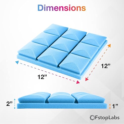 Miniatura 4 de Fstop Labs Paneles de espuma acústica, paquete de 12 azulejos azules de cuña de estudio de hongos de 2 x 12 x 12 pulgadas, paneles de sonido,