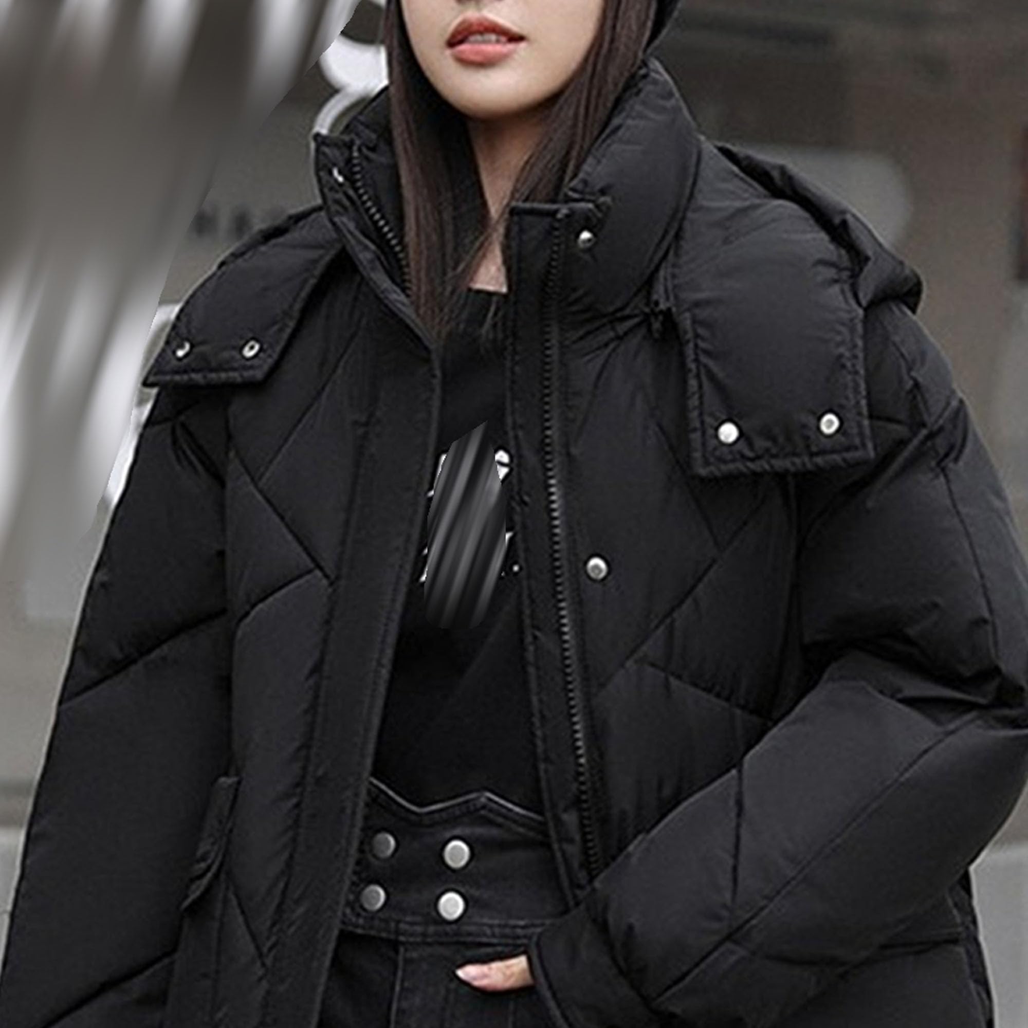 Cappotto da donna in cotone a reticolo rombico sciolto tinta unita lunghezza media piumino con cappuccio Outwear con tasche