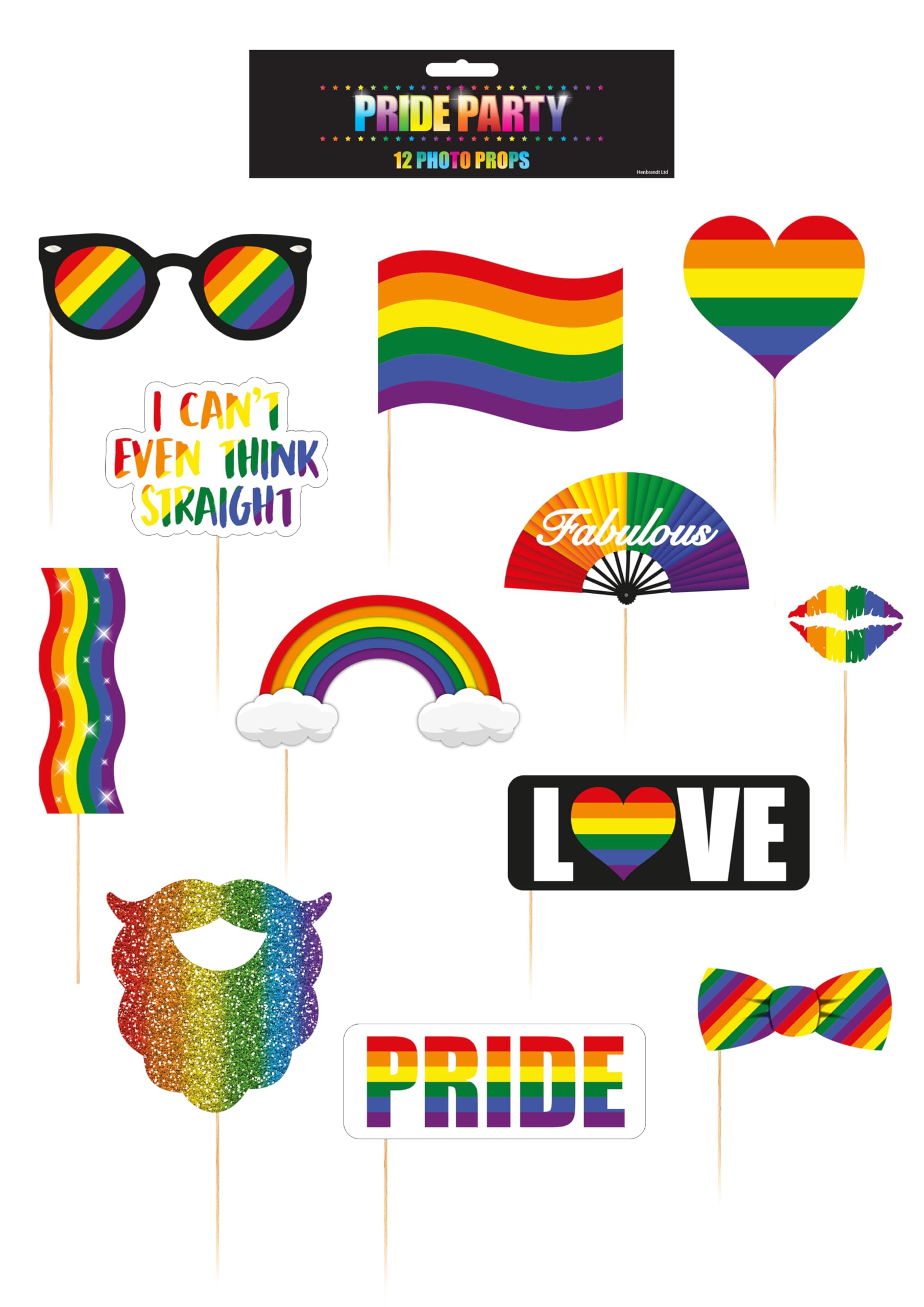 Henbrandt Pride Photo Booth Props Set 12 Pieces - Rainbow LGBT Celebration Photo Accessories Sticks Glasses Signs for Gay Pride Festivals Parades Parties Events