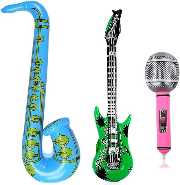 3 Pack Inflatable Guitar Saxophone Microphone, Blow Up Musical Instruments Balloons Inflatable Rock Star Toy Set Music Themed Party Favours 80s Inflatable Party Props for Kids Parties Photo Booth