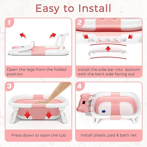 Miniatura 5 de Bañera para bebé, bañera plegable para recién nacidos de 0 a 24 meses con cojín suave y termómetro, bañera portátil de viaje para recién nacidos con