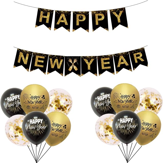 Jwssor 2023 New Year Decoration,Happy New Year Banner with 15 pieces Balloons,2023 New Year Party Sign