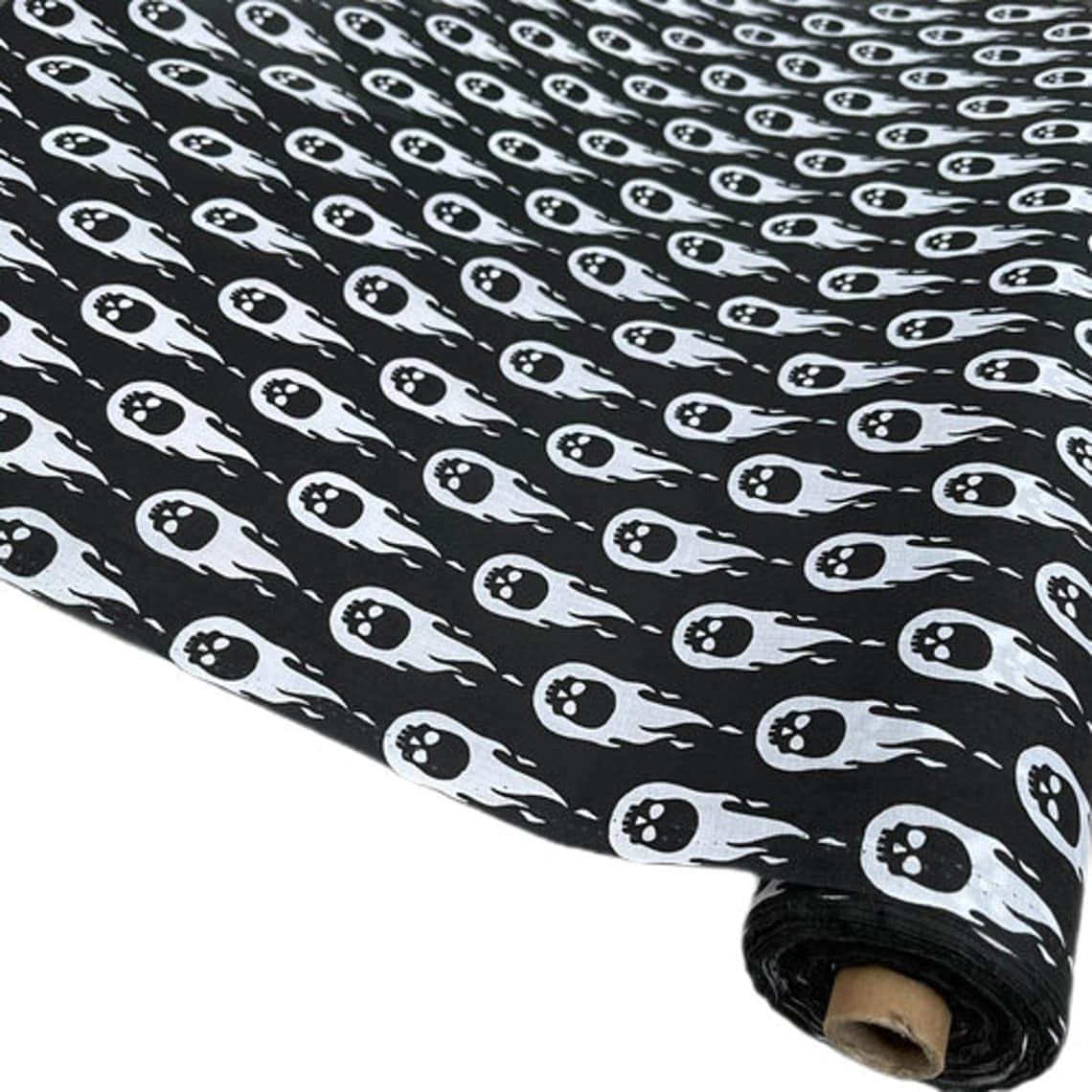Halloween Polycotton Fabric - Burning Skulls - Sold per metre/Half metre by Simply Sew Crafty™ (1 Metre, Burning Skulls on Black)