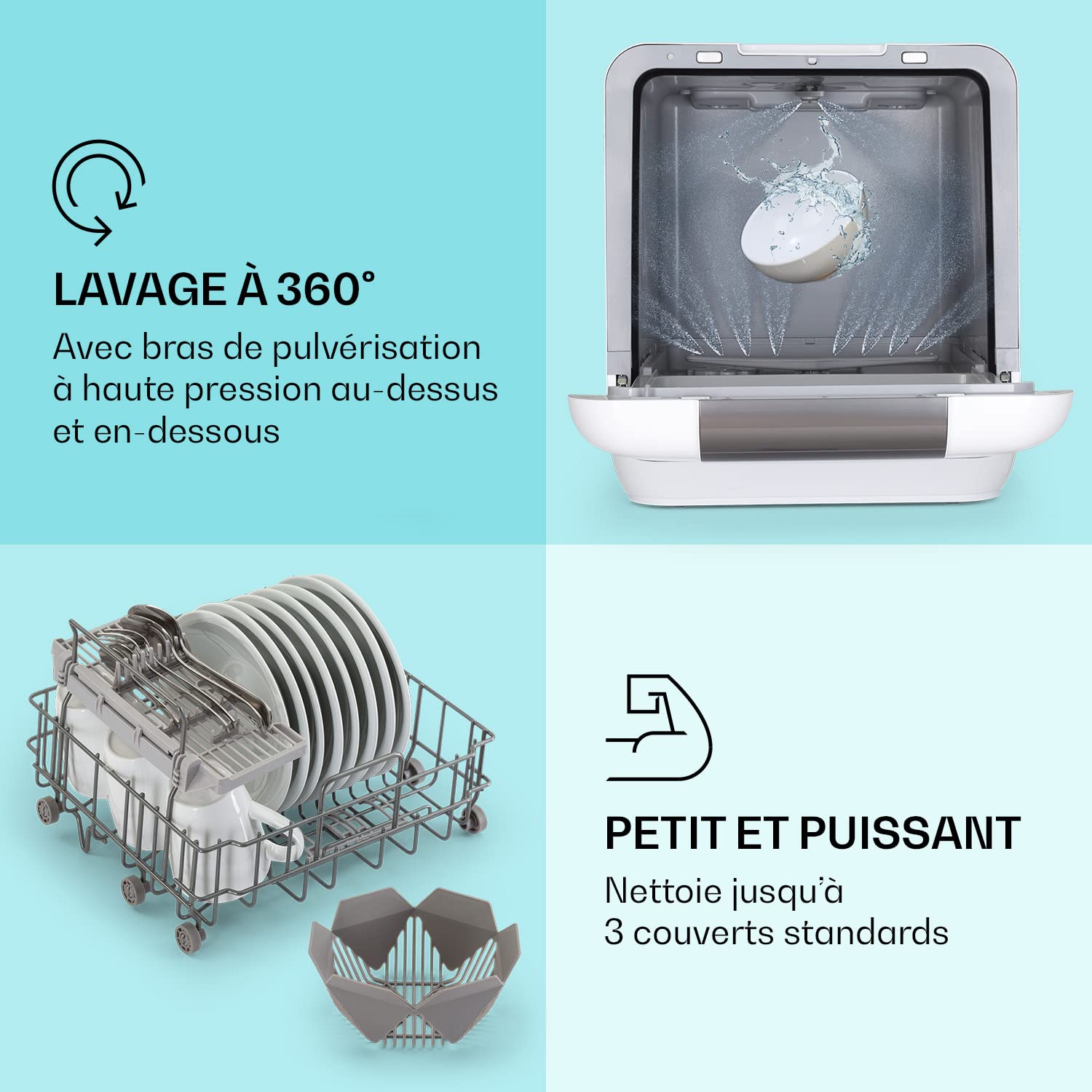 Klarstein Mini Lave-Vaisselle 3 Couverts, 7 Programmes, Silencieux, Compact de Table Portable