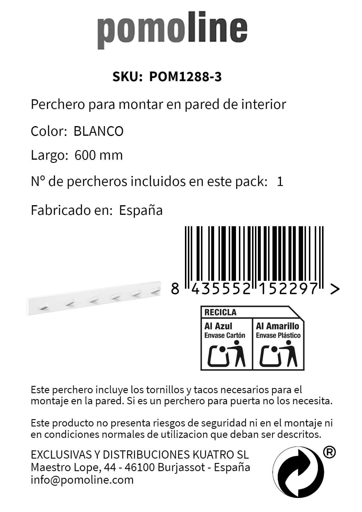 PERCHA pared madera diseño moderno NÓRDICO escandinavo BLANCO con 6 GANCHOS inclinados madera