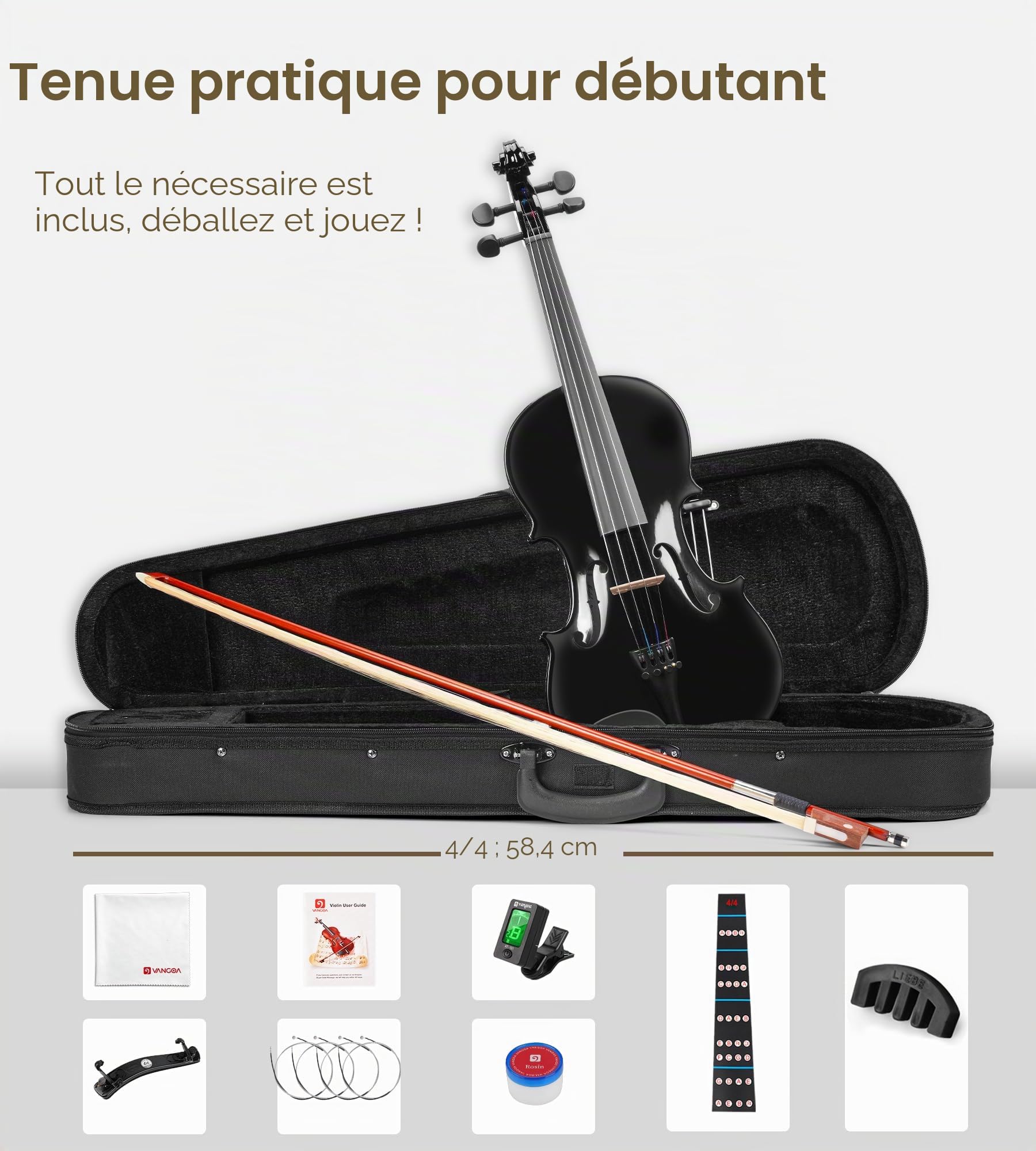 Vangoa Violon 4/4 Adulte Pleine Grandeur Acoustique Violon Débutant Set avec Étui, Colophane, Épaulière, Accordeur, Cordes, Archet de Violon, Autocollant de Touche, Noir