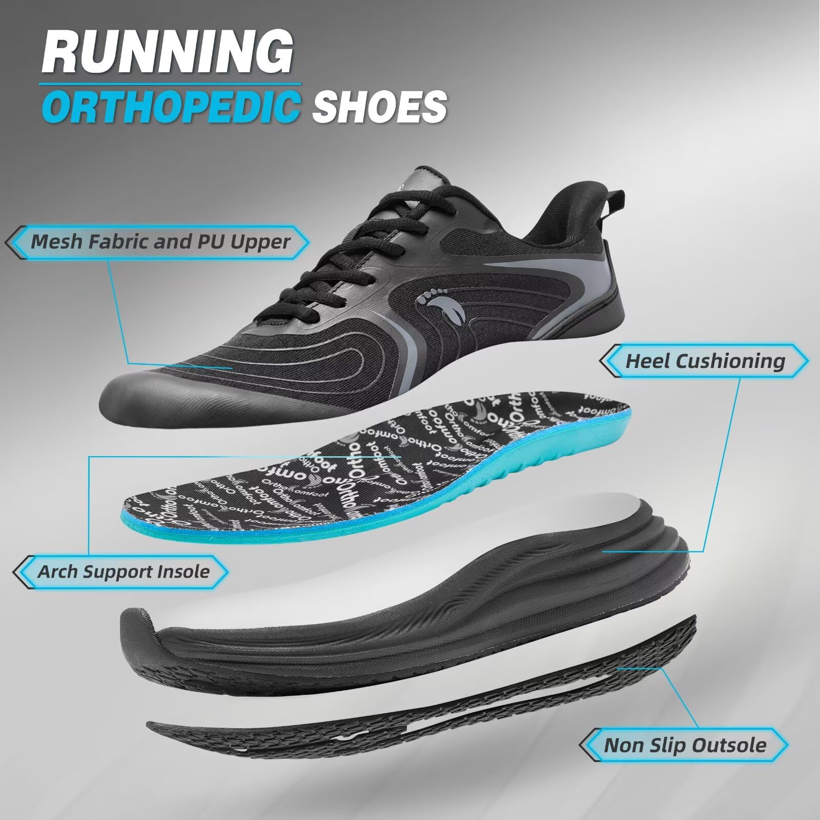 Men's Orthopedic Waliking Shoes: Comfort Arch Support Heel Spur Arthritis Plantar Fasciitis Tennis Sneakers, Cushion Thick Sole Outdoor Indoor Biking Hiking Trail Sneakers Black Size 14