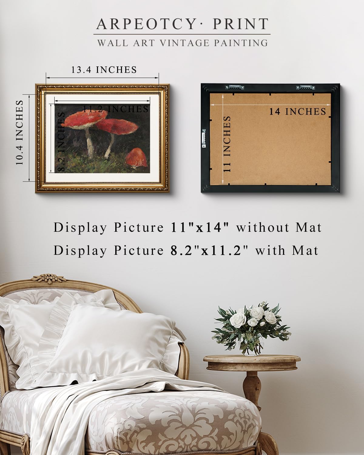 ARPEOTCY Vintage Gold Framed Mushroom Wall Art, Retro Botanical Paintings Farmhouse Cottagecore Decor, Canvas Prints, Antique Picture Frame Picture Artwork for Bathroom Bedroom Nursery, 13x16 Inch