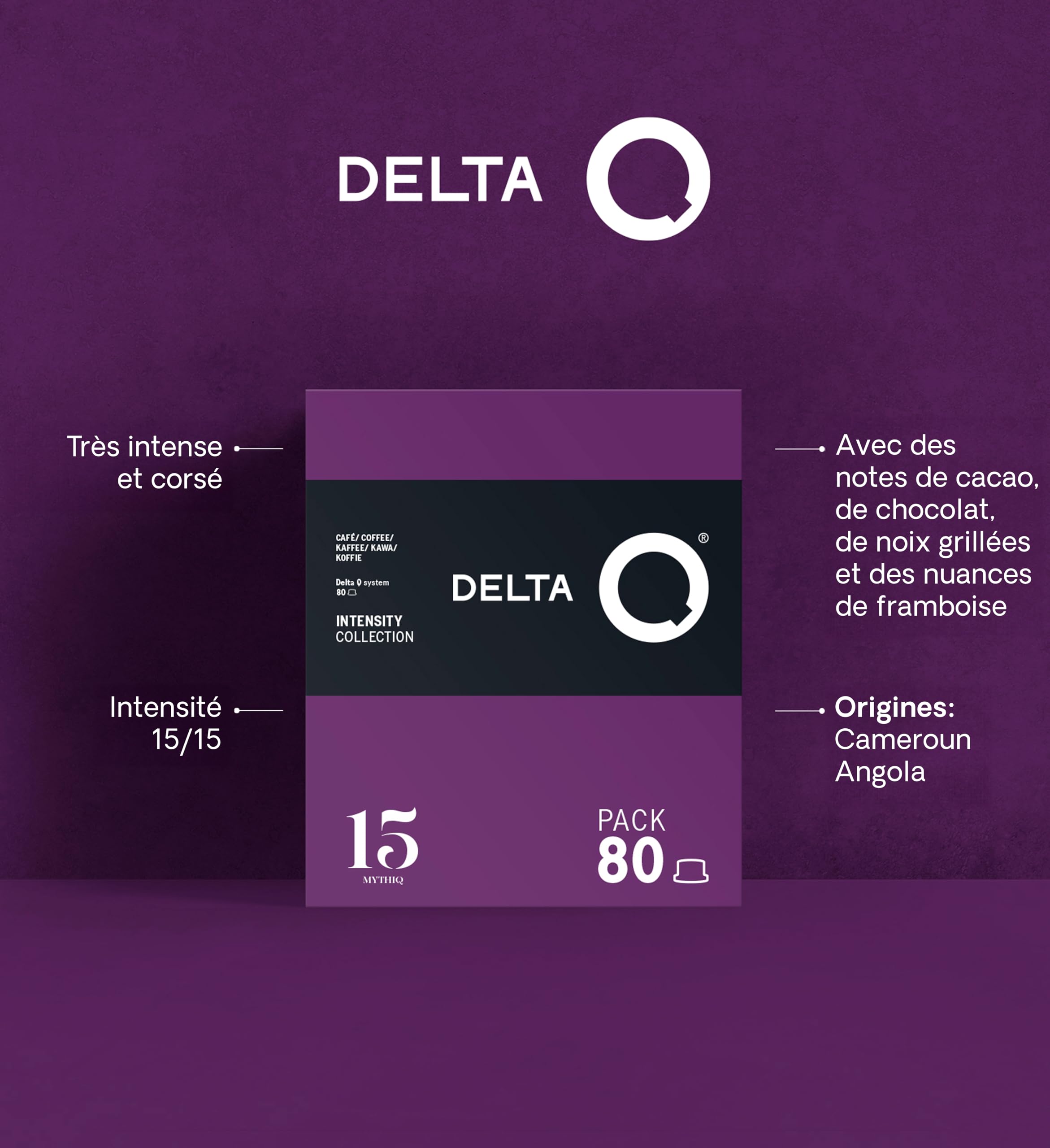Delta Q 80 Capsules de Café MythiQ, Intensité 15 | Compatibles avec les Machines Delta Q, Espresso Intense aux Notes de Cacao, Chocolat et Noix Grillées, Fabriqué en Portugal