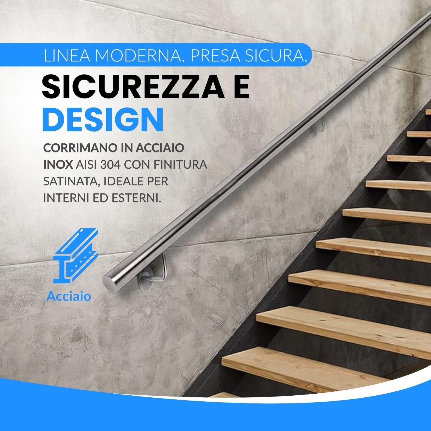 INOXLM Corrimano per scale in acciaio inox AISI 304 ⌀ 33,7 mm, rampa scala finitura satinata Made in Italy, guardia corpo scala per interni ed esterni (170 cm)