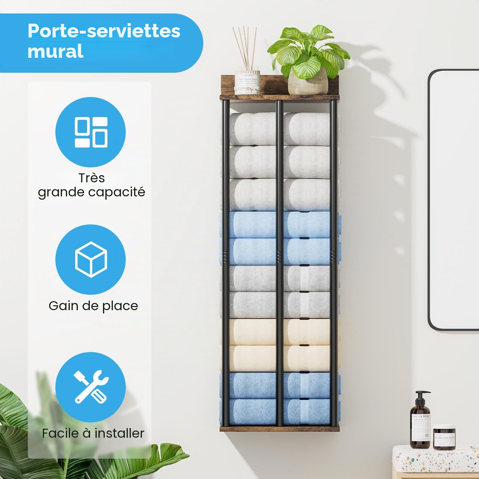 Porte-Serviettes Mural pour Salle de Bain – Support Robuste à Grande Capacité pour Serviettes Roulées et Pliées – Organisateur de Rangement Mural, Déco Salle de Bain (Rustique)