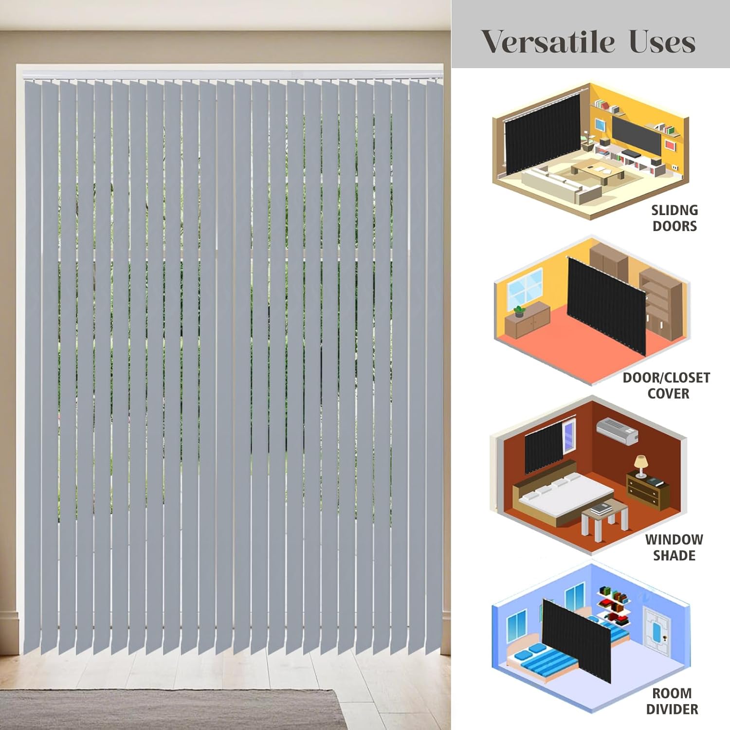 Letau Cordless Custom No Drill 98% Blackout Vertical Blinds for Window, Room Divider, Door Blinds, Blinds for Sliding Glass Doors, Temporary Wall, Closet Curtain, Woven Grey