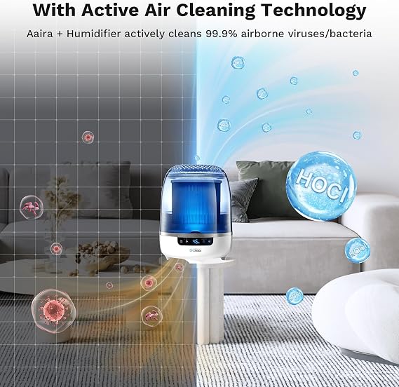 Air Purifier and Humidifier Combo, Air Purifier for Home Bedroom, Hypochlorous Acid Eliminates Bacteria Viruses Mold, Odor Eliminator Smoke Pets Mildew for Large Room (Aaira + Humidifier, Grey)