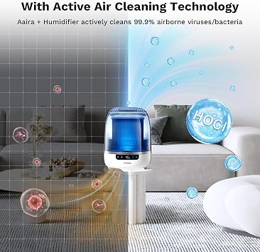 Air Purifier and Humidifier Combo, Air Purifier for Home Bedroom, Hypochlorous Acid Eliminates Bacteria Viruses Mold, Odor Eliminator Smoke Pets Mildew for Large Room (Aaira + Humidifier, Grey)