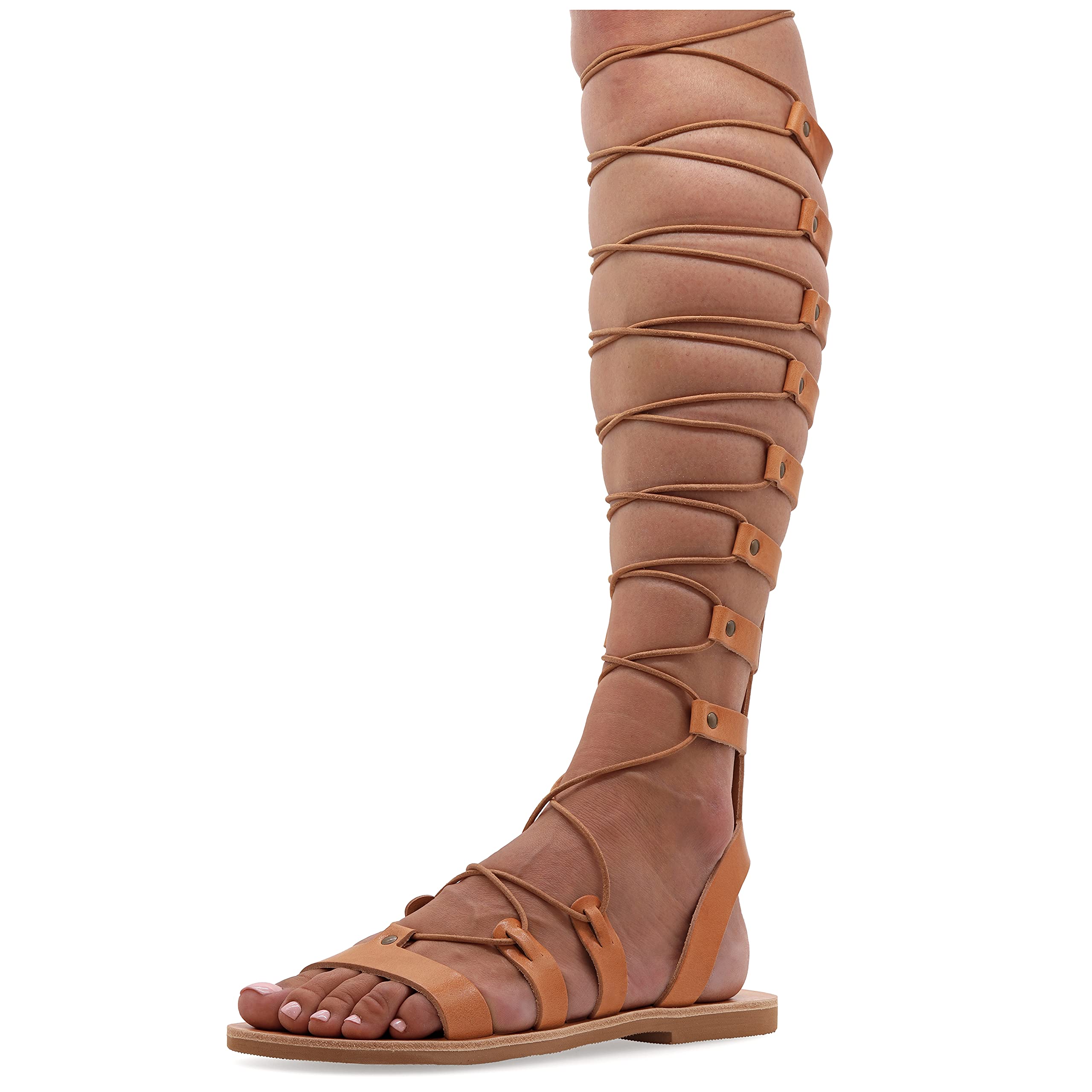 Emmanuela Sandalias de cuero de rodilla alta en estilo griego antiguo, Sandalias de gladiador planas hechas a mano con dedos abiertos, Zapatos de verano para atar
