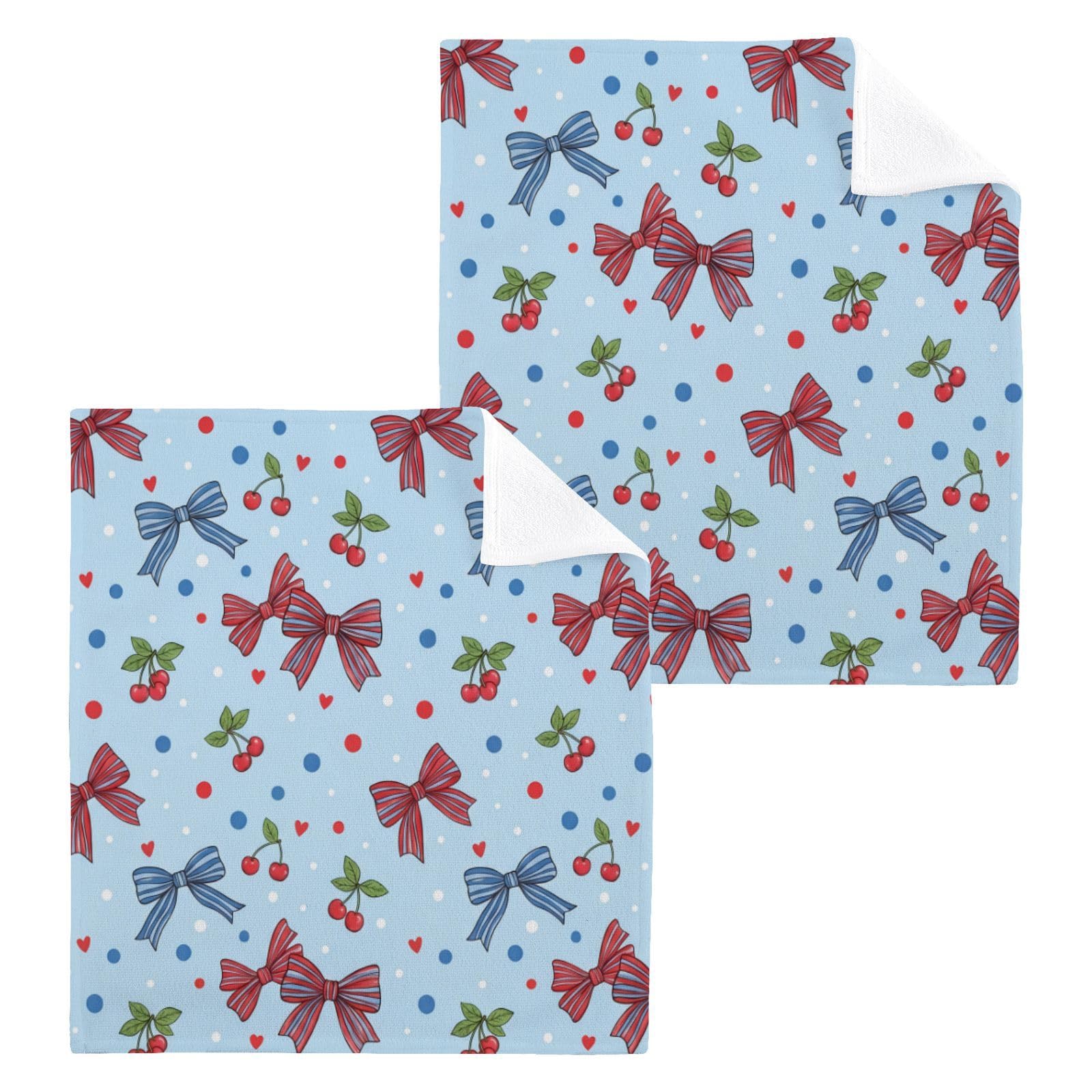 BOESI Cherry Bow Pattern 12x12in Cotton Washcloth,Face Towel