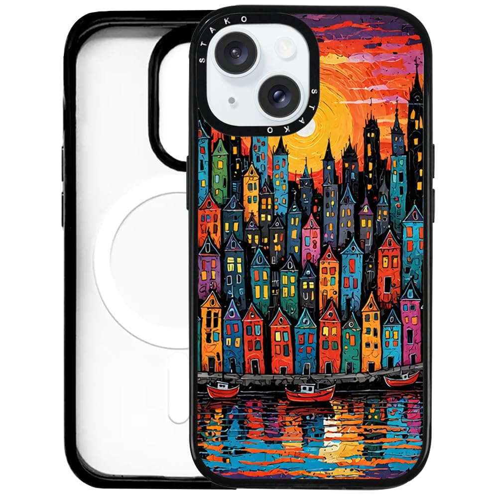 STAKO Artistic Case for iPhone 15 Plus β Enchanted Sunset Cityscape, MagSafe Compatible, Military-Grade Drop Protection | 8.2ft Drop Tested, Slim & Stylish Design