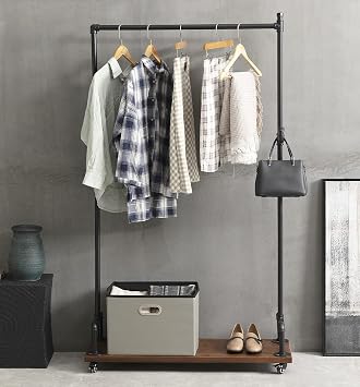 Industrial Wood Pipe Clothing Rack, Rolling Garment Rack Clothes Rack Pipeline Vintage Pipe Rack Closet Organizer Steampunk Decor a Rack, Retro Black 1-Tier Garment Rack