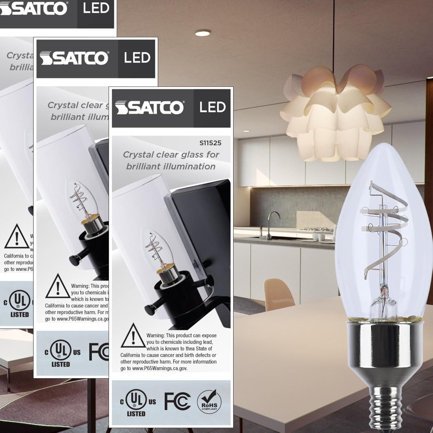 Satco S11525 LED Bulb, 4W (40W Eq), B11 Candelabra Vintage Style, Flex Gray Coil Filament, 2700K Warm White, E12 Base, Dimmable, Clear Glass, 350 Lumens, 120V, Enclosed Rated (2 Pack)