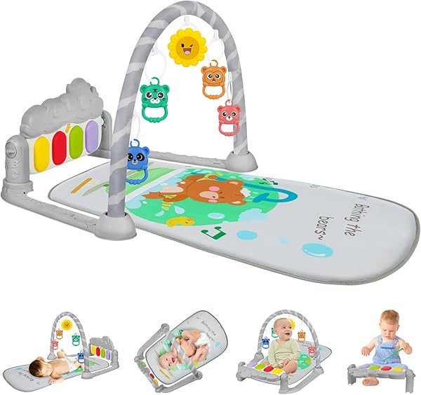 AOMIG Piano-Gym Spieldecke, Krabbeldecke mit Musik und Lichtern, Spielmatte mit Spielbogen abnehmbarem Babyspielzeug, Bauchzeit Activity Decke für Kleinkinder ab der Geburt – Badebär