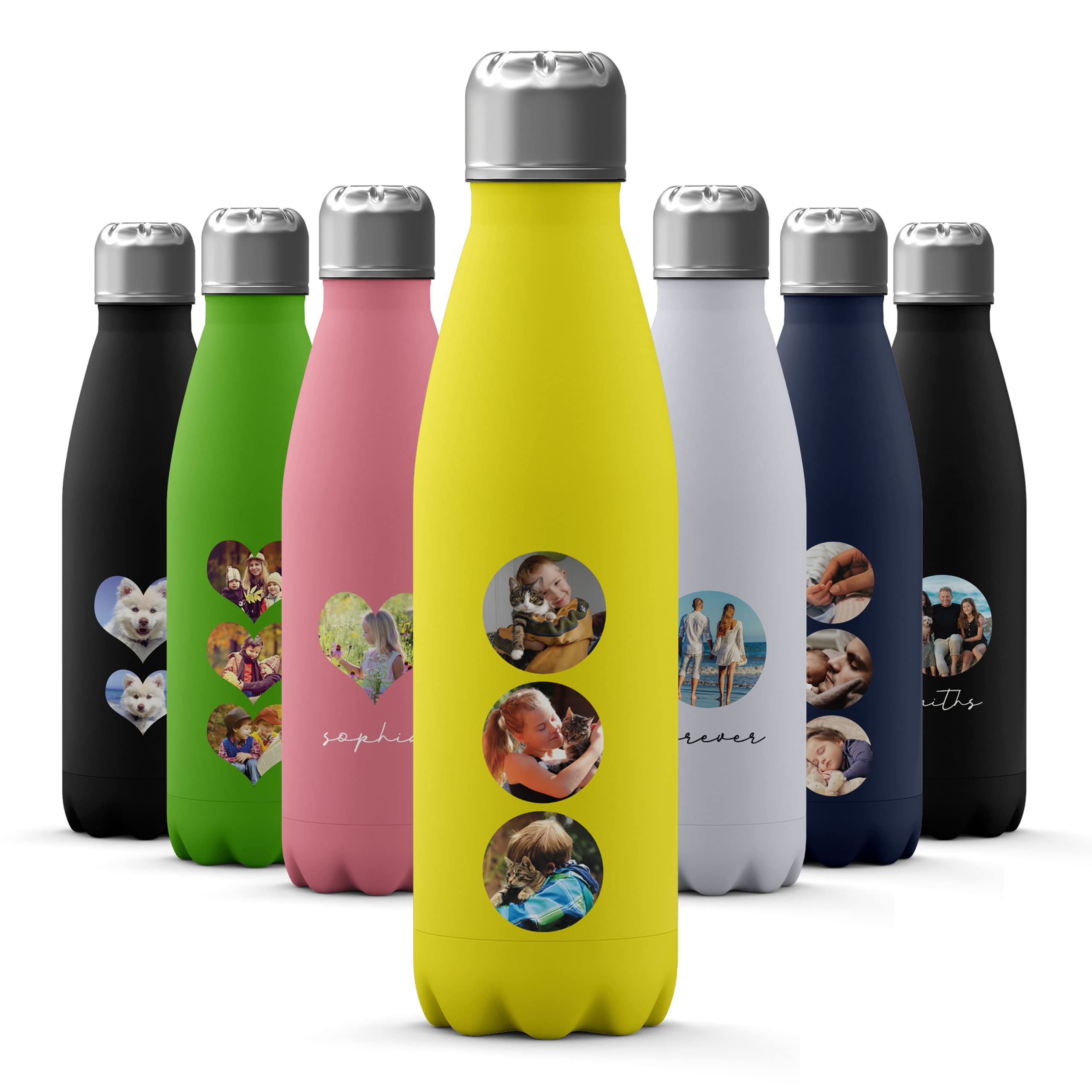 Tirita Custom Photo Personalised Water Bottle - Thermal Travel Flask - Insulated Stainless Steel Bottle - Gym, Office, School Drink - 500ml [20- Three Round Photos on Yellow]