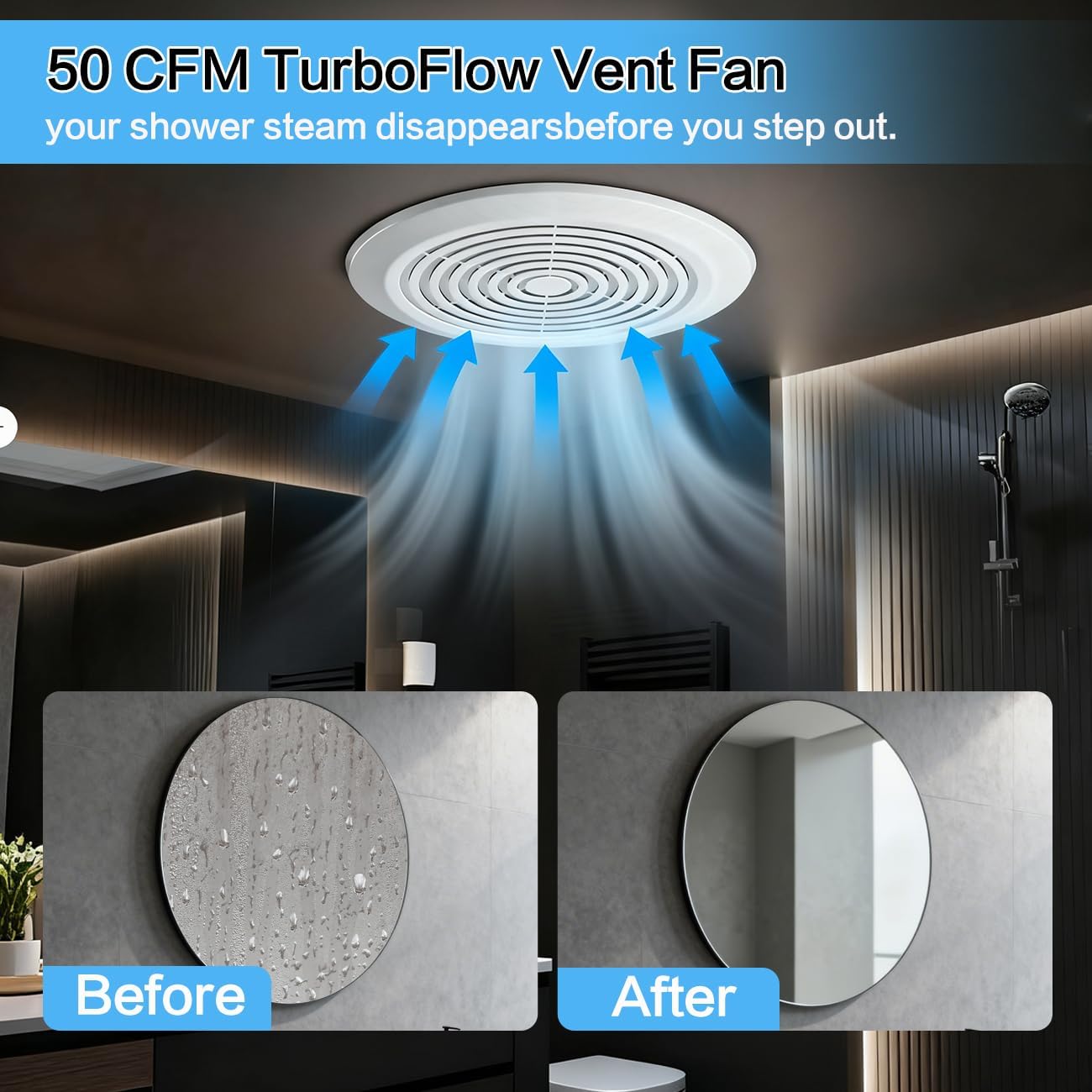 V2262-50 7 Inch Bathroom Exhaust Fan, 50 CFM Quiet Ceiling Vent Fan, 1.0 Sones Low Noise Extractor for 8" Opening, Through Wall Exhaust fan for Home, Bathroom, Laundry and Garage