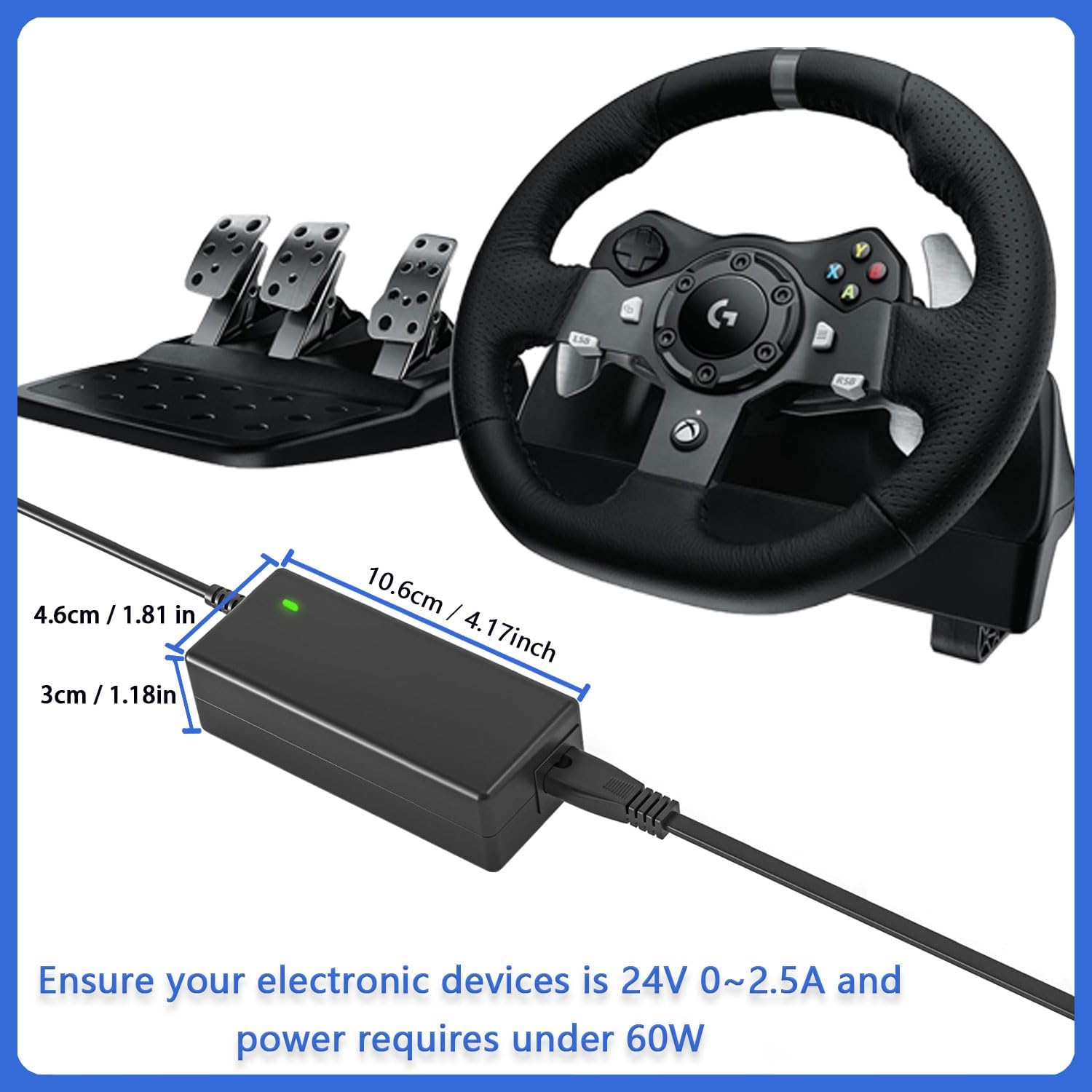 24V 2.5A Power Supply 5.5x2.5mm Male Plug, AC 100V-240V to DC 24Volt 60W AC/DC Adapter for Logitech G920 G923 G29 G27 Racing Wheel, 5050 3528 LED Strip Light, Soundbar, Printer Power Cord