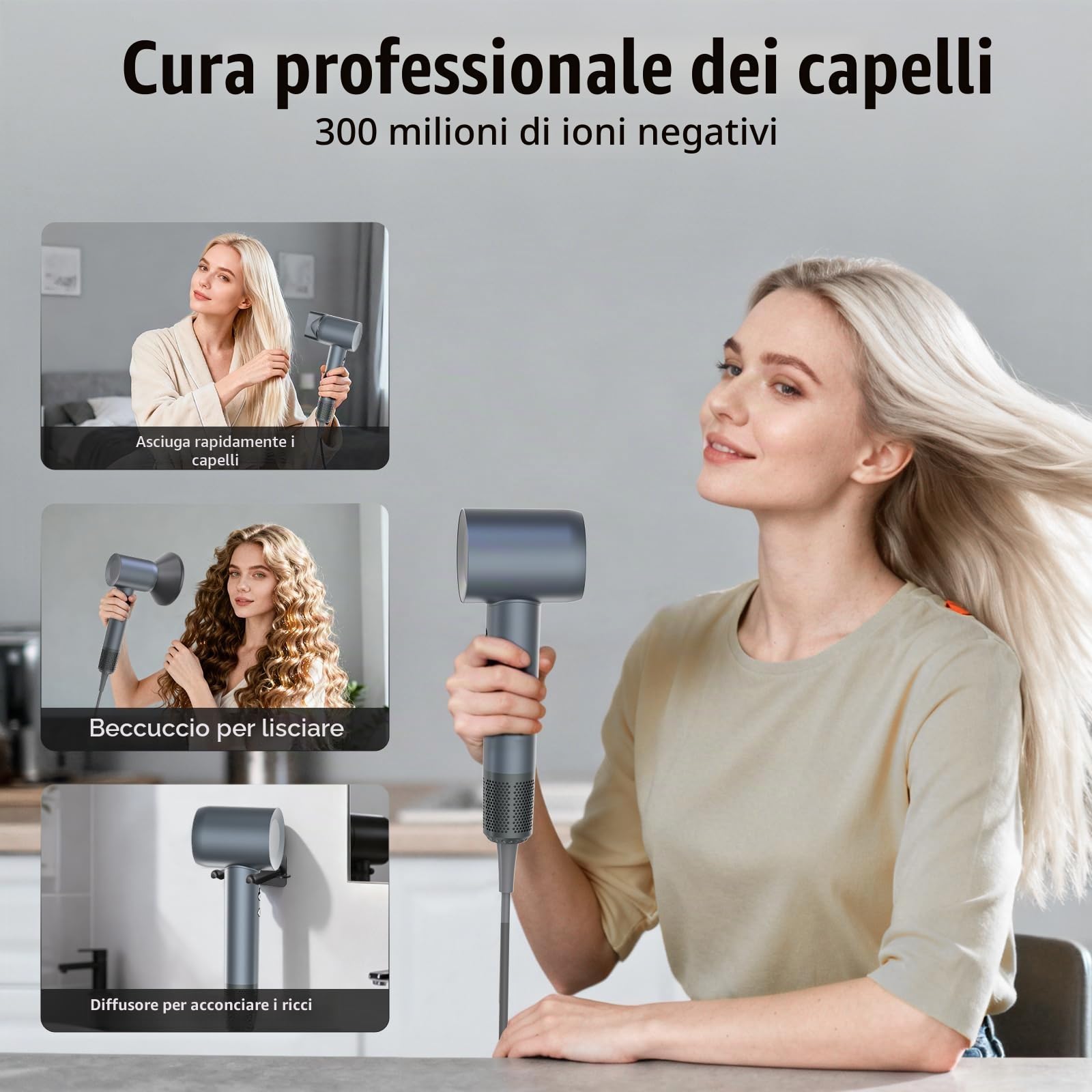 Asciugacapelli Ionico 160.000 giri/min con Diffusore, 59 dB，Blu ghiaccio | Motore brushless 160.000 giri/min, 4 temperature/2 velocità; per ricci e lisci, casa/viaggio, con diffusore.