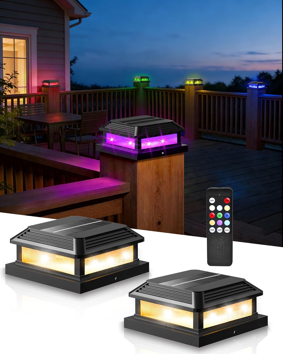 Solar Post Cap Lights Outdoor with Remote Control, RGB Color Changing 4x4 Post Solar Lights, Fits 5x5, 4.5x4.5, 4x4, 3.5x3.5 Wood/Vinyl Fence, Waterproof LED Deck Post Lights for Yard Porch