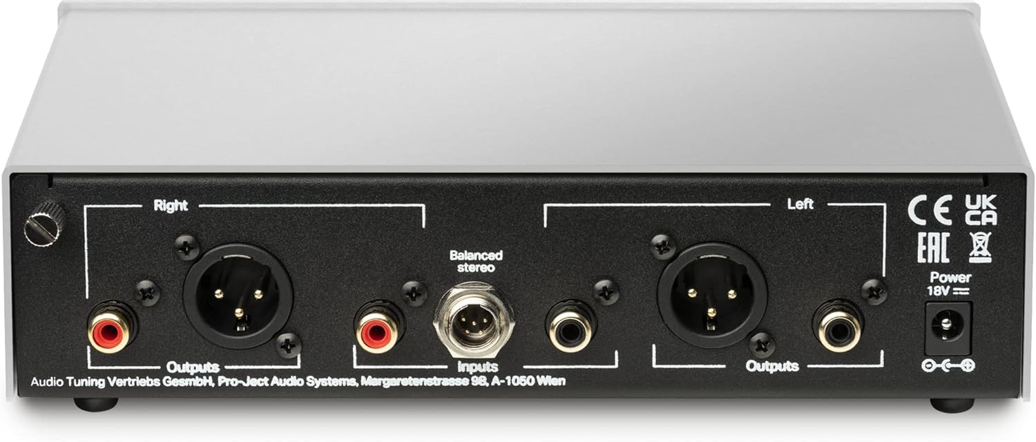 Rear panel of Pro-Ject Phono Box S3 B showing RCA, XLR, and 5-pin mini XLR inputs and outputs, along with the power input and ground terminal.