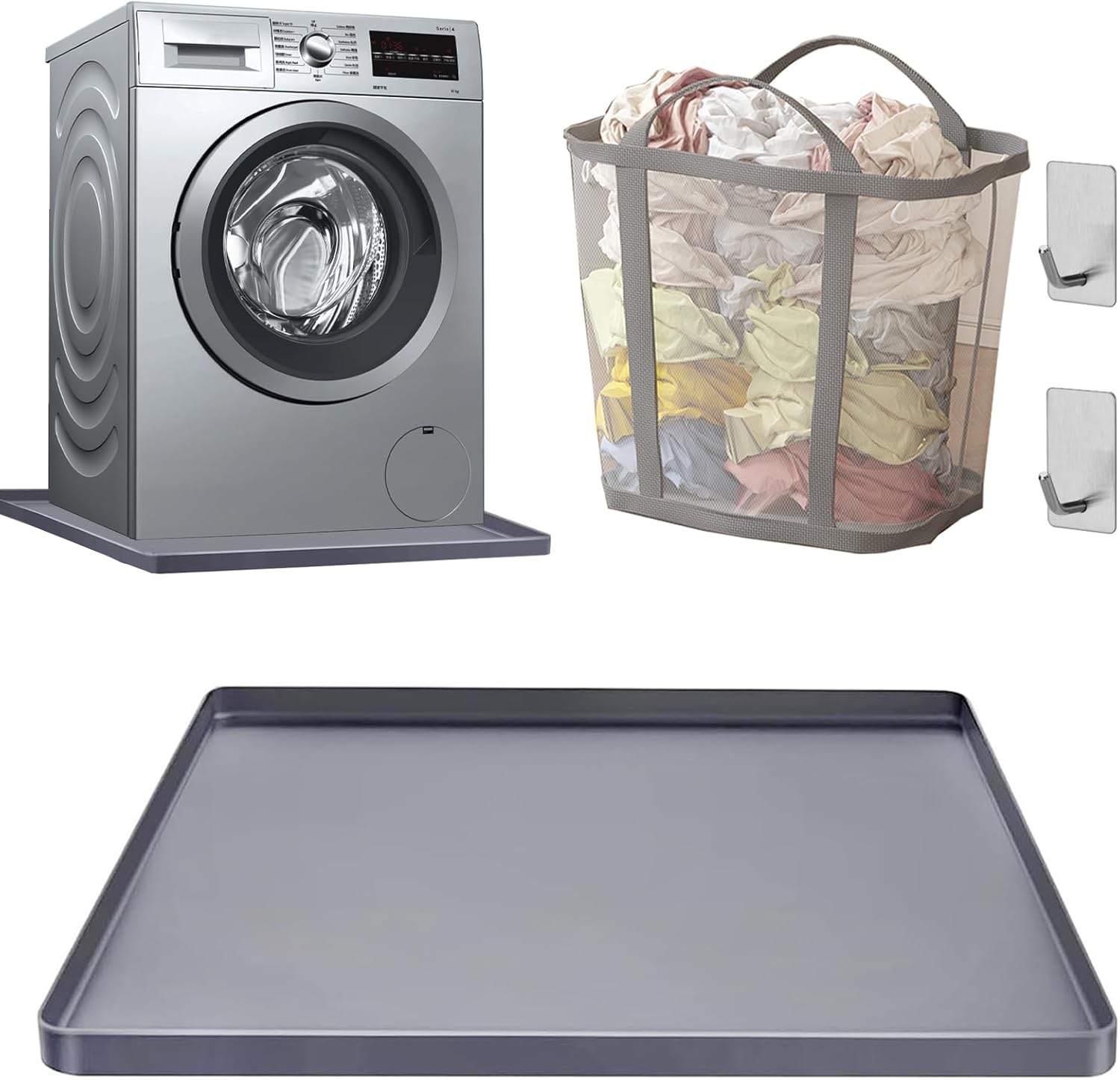 27×27inch Washer Drain Pan With Foldable Dirty Clothes Basket and Hook, Multi-function Non Slip Washer Drip Tray, With Raised Edge Washing Machine Silicone Mat, Soft Foldable Waterproof Pad（Grey）