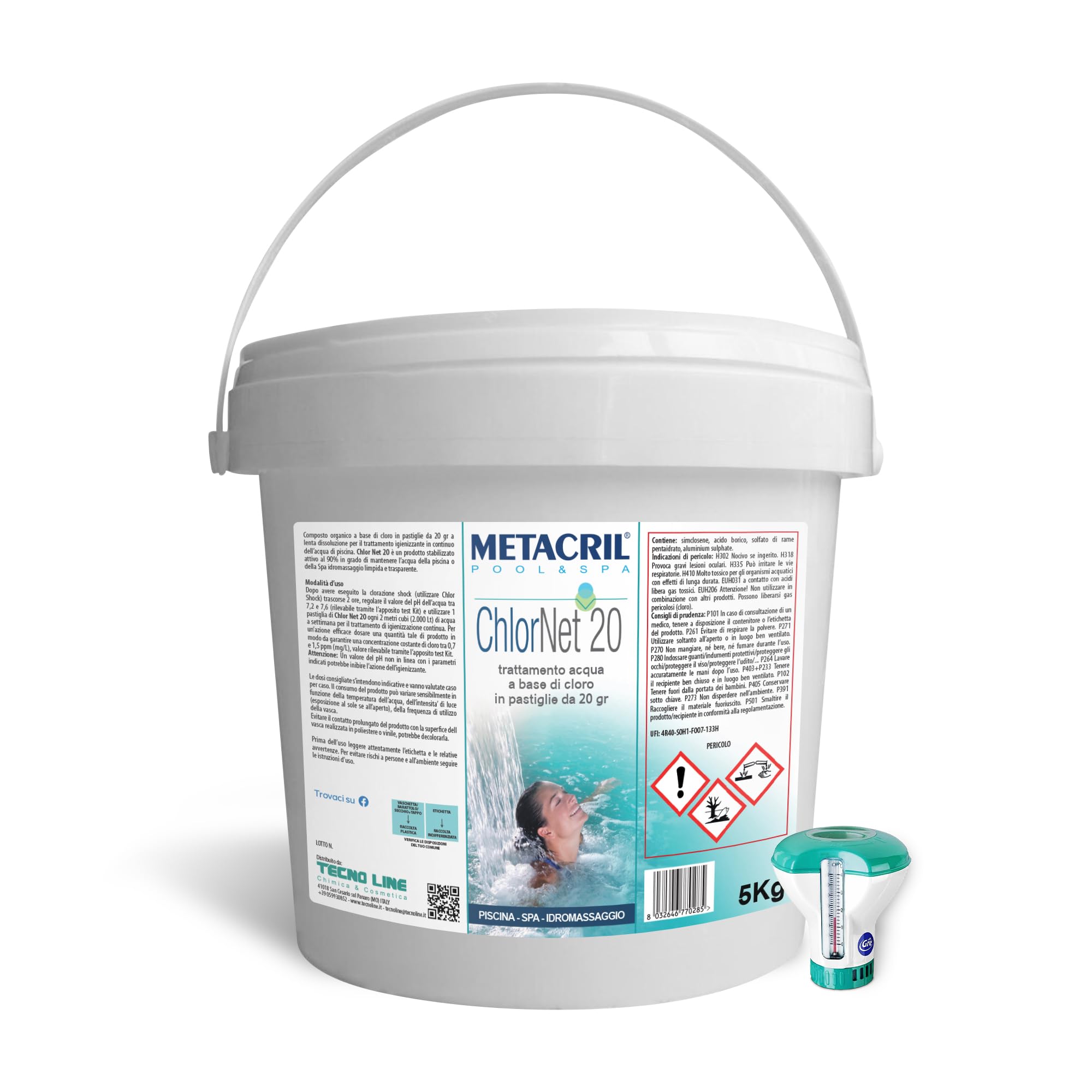 Metacril Chlor Net 20 + Dos Galleggiante, Tricloro in past. da 20 gr - 5 KG | Tavolette a lenta dissoluzione, Ideale per Piscina e Spa Idromassaggio
