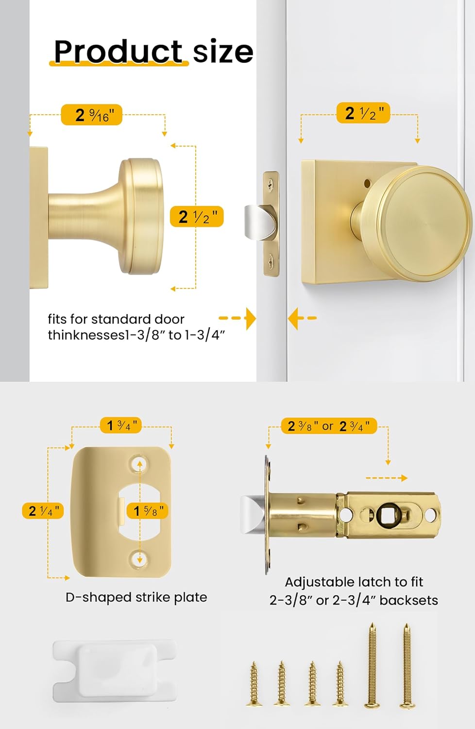 Goldenwarm Interior Door Knobs, Brushed Gold Door Knobs, Zinc-Alloy Privacy Door Knobs Interior for Bedroom Bathroom, Heavy Duty Square Round Doorknobs 6 Pack