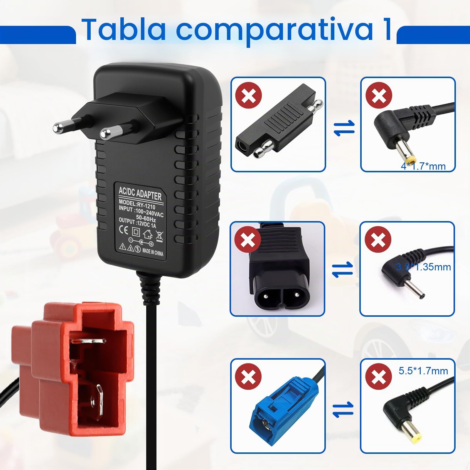 Cargador De Batería 12V 1A Para Juguetes Eléctricos Infantiles – Compatible Con Coches, Motos Y Quads, Con Protección De Sobrecarga Y Cable De 1 Metro