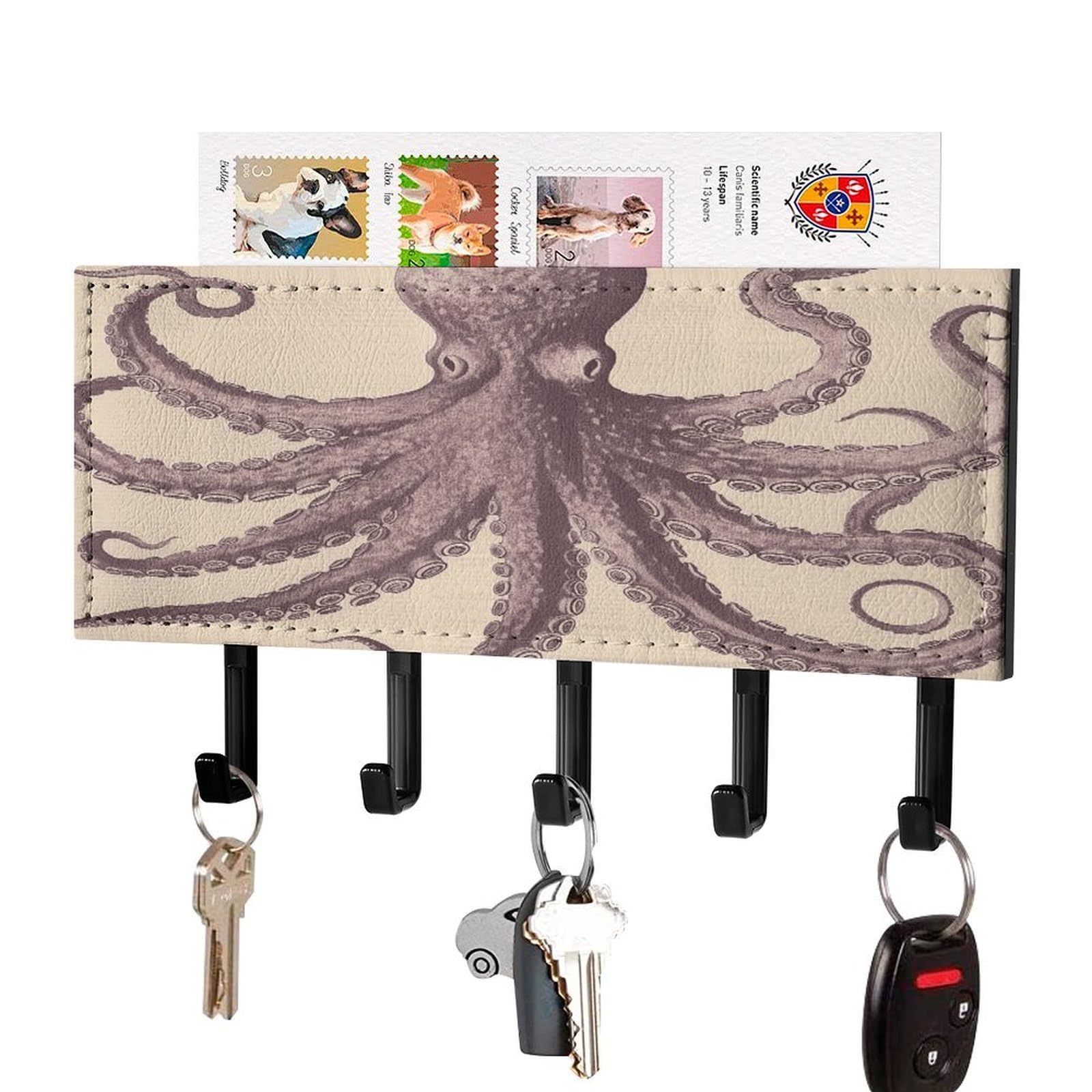 LDGSUPH Vintage Octopus Key Holder Wall Mount Key Hanger with 5 Hooks Fashion Key Organizer Rack Hanging Key Hooks with Mail Organizer Key Rack for Home Entryway Hallway Black-Style